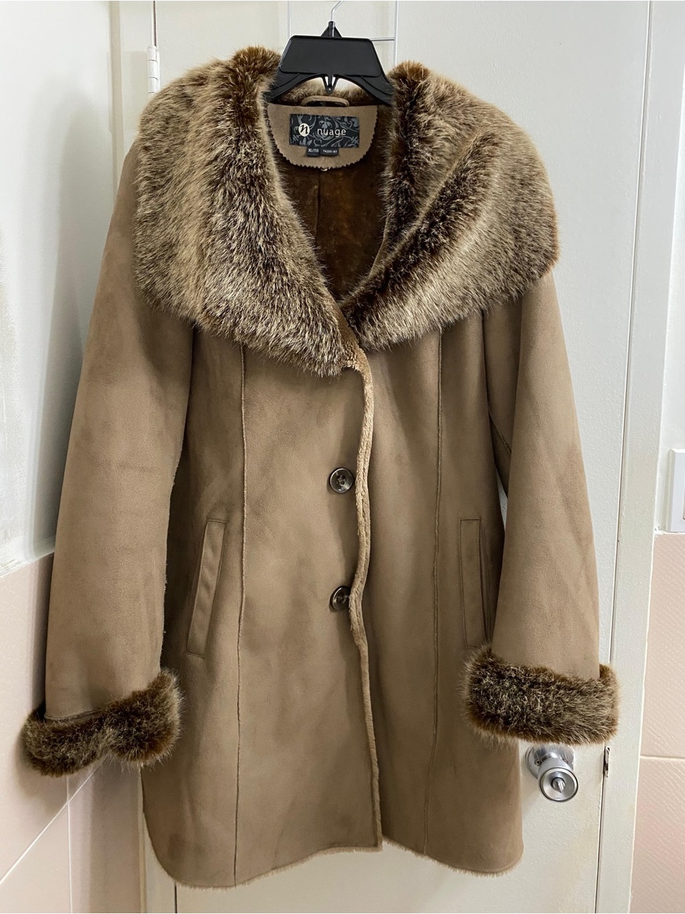 Nuage Women's Tan Faux-Suede Pea Coat with Fur Trim